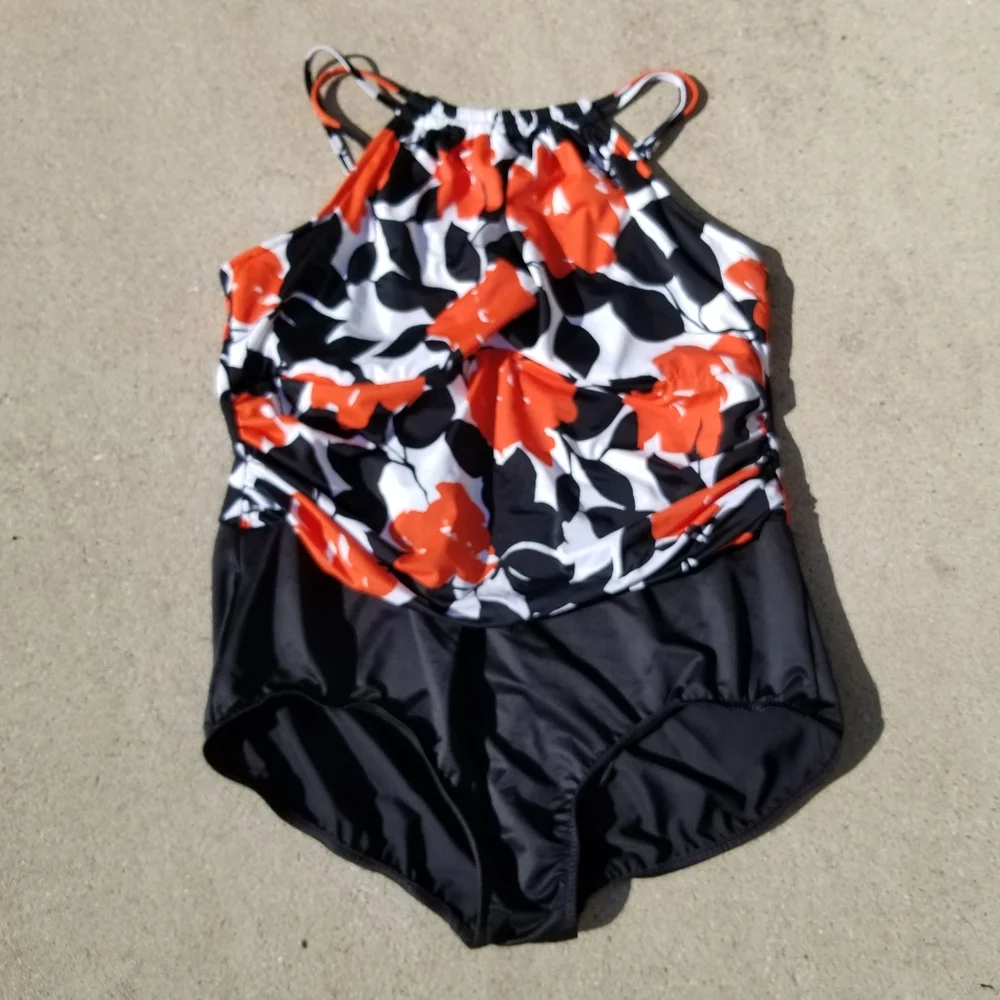 MagicSuit by Miraclesuit One Piece Orange Floral Tropical Swimsuit Size 24W
